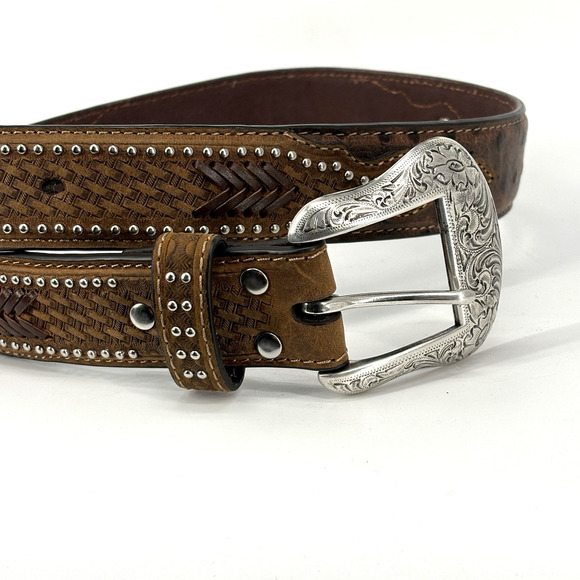 Nocona Western Belt Mens 32 Ostrich Leather Weave Billets Laced Cognac Brown